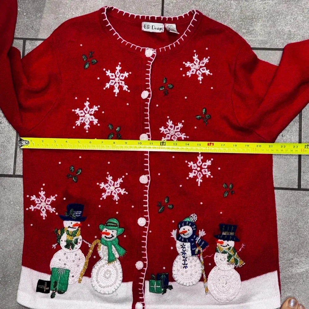 Vintage‎ B.P. Design Womens Red Snowman Snowflake Christmas Cardigan Sweater  L - Picture 8 of 12